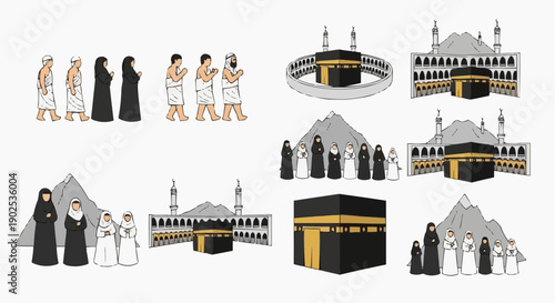 Pilgrims visiting kaaba at masjid al haram during hajj simple flat vector illustrations of islamic architecture and people