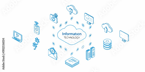 Isometric illustration depicting information technology and data connectivity concepts