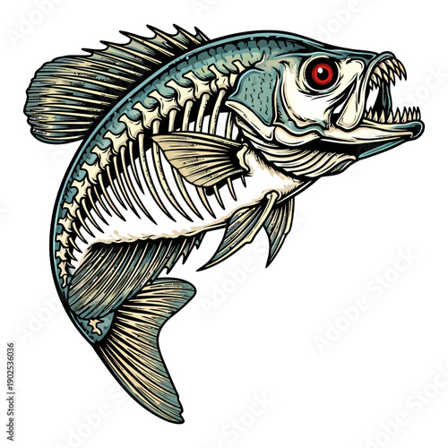 Skeleton fish crappie with red eye and sharp teeth illustration