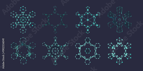 Abstract geometric shapes and patterns rendered in a neon blue wireframe style