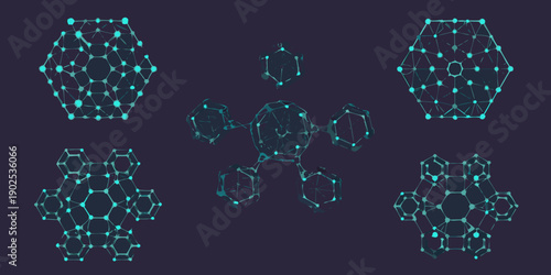 Abstract geometric shapes composed of interconnected nodes and lines