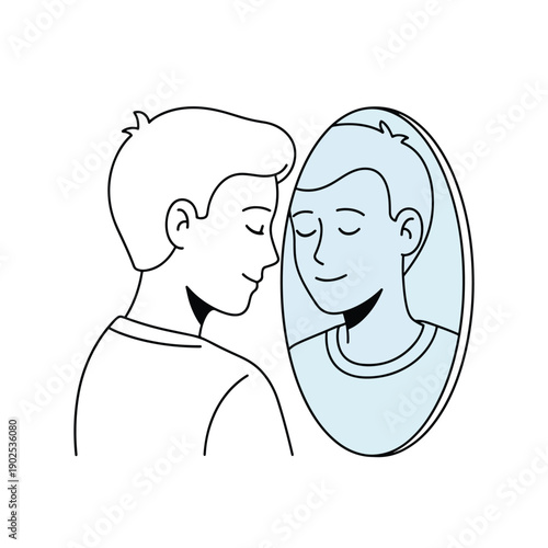 Young man calmly looking into mirror, embracing self-reflection and introspection