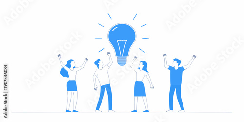 Team celebrating success with a bright idea symbolized by a lightbulb
