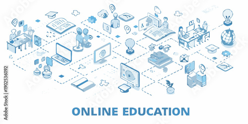 Isometric illustration depicting concepts of online learning and digital education