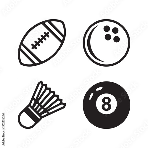 American football bowling ball shuttlecock and 8 ball sport sports