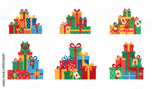 Present boxes pile vector set gift boxes with ribbons and bows isolated on transparent background