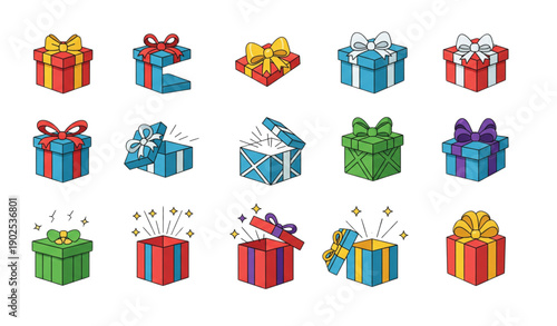 Mystery gift box icon pack vector flat surprise present boxes isolated on transparent background
