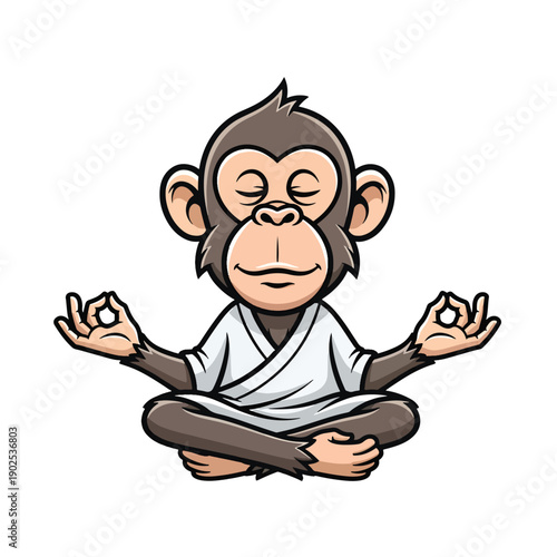 Serene cartoon monkey meditating in lotus pose, a peaceful vector illustration for wellness concepts.