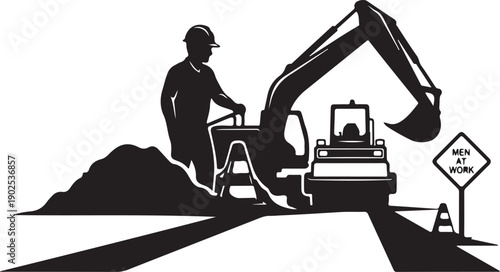 Construction worker operating excavator machine on roadwork site with men at work sign