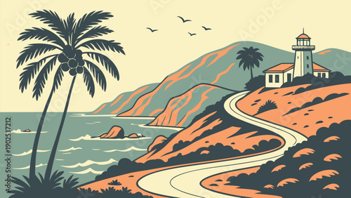 Vector illustration of a tropical coastal landscape with a winding road lighthouse and palm trees on transparent background