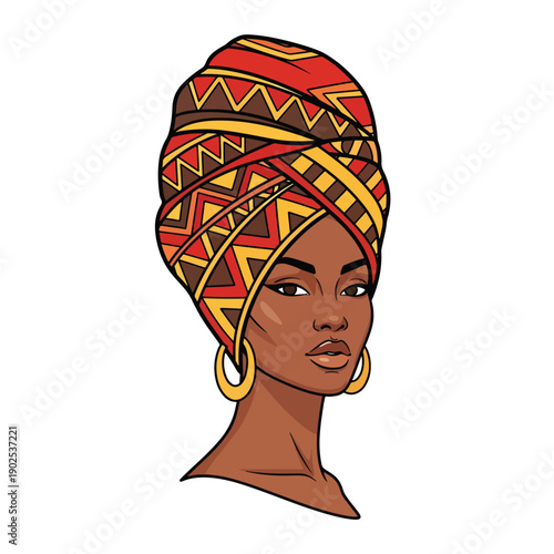 Elegant vector portrait of an African woman in a vibrant patterned headwrap, showcasing cultural beauty.