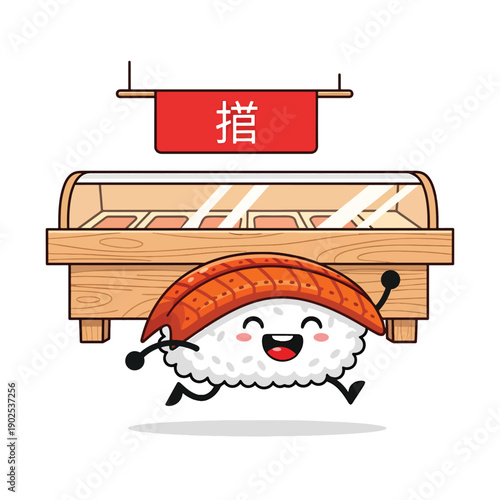 Lively Cartoon Sushi Character Running Happily in Front of a Food Display Illustration