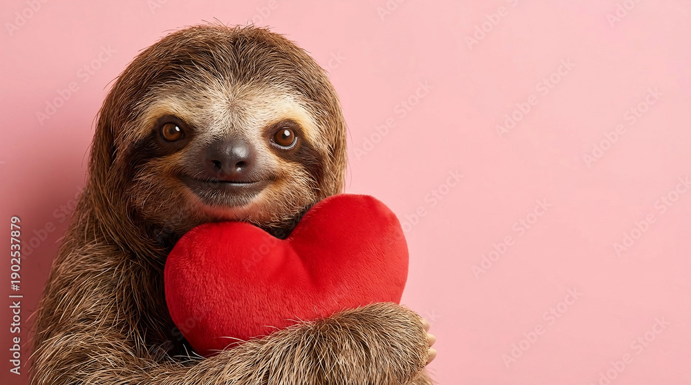 Obraz premium Adorable sloth holding red heart on pink background, cute romantic animal portrait for Valentine’s Day, love and kindness concept, fantasy illustration for greeting cards, social media, branding, and 