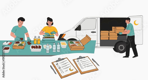 Food delivery team preparing healthy meal packages with fresh produce near white van with open rear door