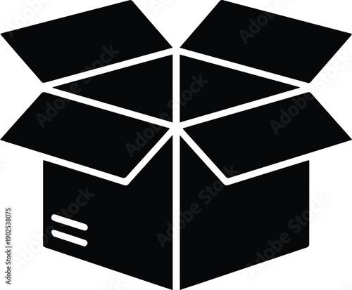 Black Silhouette Icon of Open Cardboard Box with Inner Folds White Background package delivery