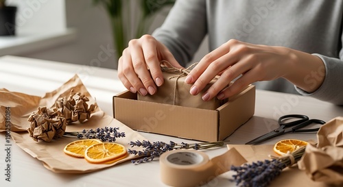 Wallpaper Mural Hands carefully wrapping a gift box with eco-friendly materials. Torontodigital.ca