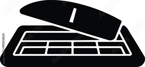 Black silhouette of an open scanner with a lid lifted document scanning