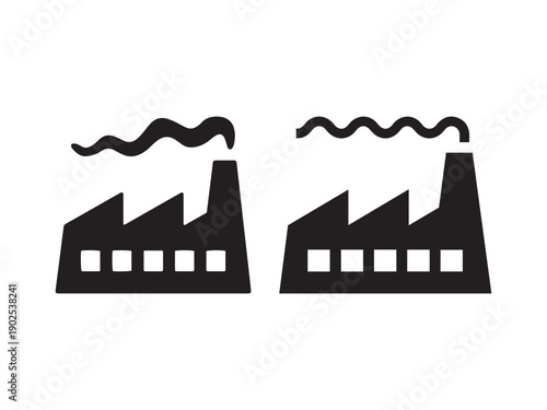 Two black factory with smoke plumes on white background industrial building symbol