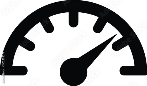 Black speedometer icon with needle pointing to the right on white background Keywords: speedometer