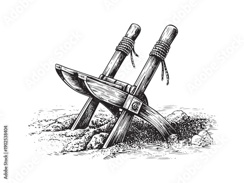 Two wooden pickaxes stuck in the ground with rope tool digging