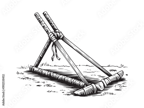 Black and white of polo mallets and ball on ground polo ball sports equipment vintage