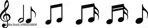 A collection of black musical notes and symbols including a treble clef, quarter notes, eighth notes, and sixteenth notes arranged horizontally on a white background.