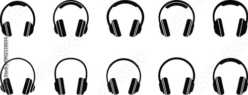 Black and White Headphone Icons Collection on a Clean White Background for Graphic Design and Audio Concepts