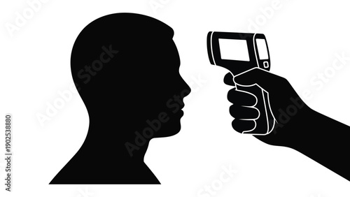 Black and white silhouette of person’s head with non‑contact infrared thermometer pointed at forehead, medical health screening icon for public safety, healthcare procedure, and pandemic prevention 