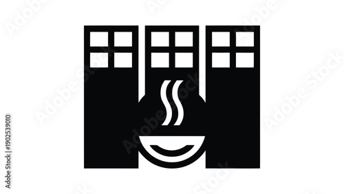 Stylized black and white graphic of urban buildings with steaming soup bowl and smiling design, symbolizing community food service, soup kitchen hospitality, charity, and urban warmth illustrationM 