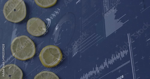 Droplet appearing left, sliding right over lemons, leaving wet trail as data lines accent motion