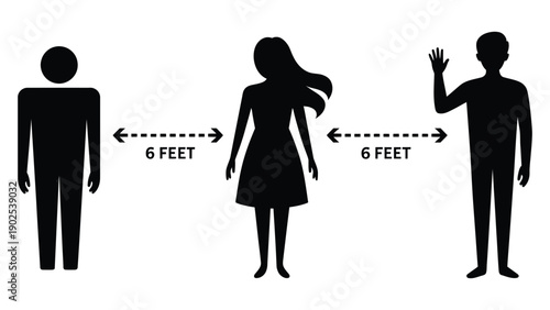 Silhouetted human figures standing apart with arrows and text showing 6 feet distance, public health social distancing icon for safety communication, pandemic prevention, and awareness graphicssocial 