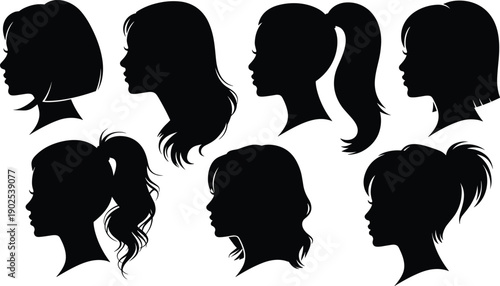 Women hairstyle silhouettes set, female profile heads, ponytail bob long hair styles, beauty fashion icons, black vector illustration