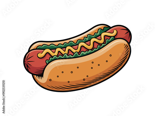 Red hot dog with mustard and relish in a bun sausage