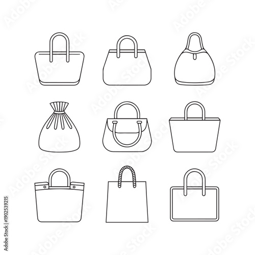 Nine outline of various handbags and tote bags purse shopping bag