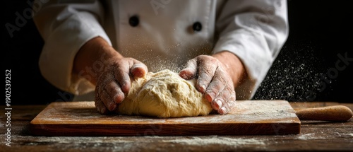 The Dough Being Kneaded by a Chef on a Rustic Wooden Board