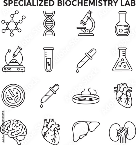 Specialized Biochemistry Lab Line Icons Set and Medical Symbols