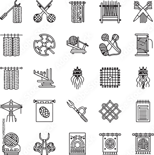 Textile Production and Handmade Hobby Outline Icons Vector Set