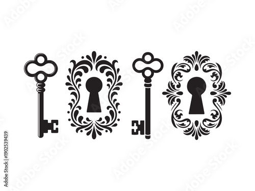 Two antique keys and two ornate keyholes black silhouettes
