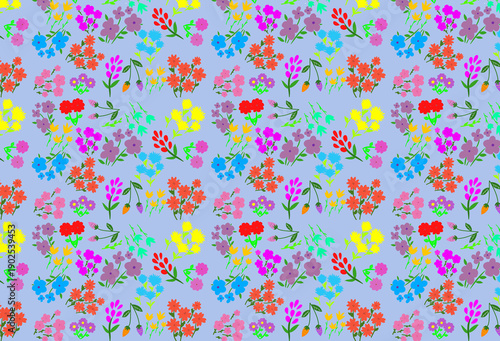 Seamless Meadow Flower Pattern on Pale Blue