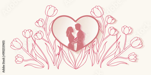 Romantic illustration featuring a couple embracing within a heart surrounded by tulips