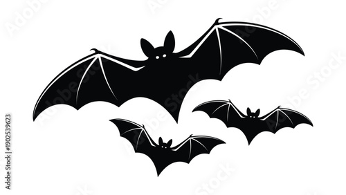  Minimalist black bat silhouettes with spread wings on white background, Halloween nocturnal animal illustration, gothic spooky design for seasonal decoration and graphic art concepts