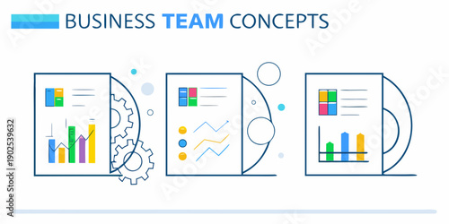 Illustrative business concepts with charts gears and team collaboration