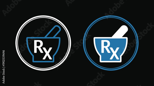 Stylized pharmacy mortar and pestle icons with prescription Rx symbol, medical healthcare logo design for pharmaceutical services, drugstore branding, and clinical medicine illustration 