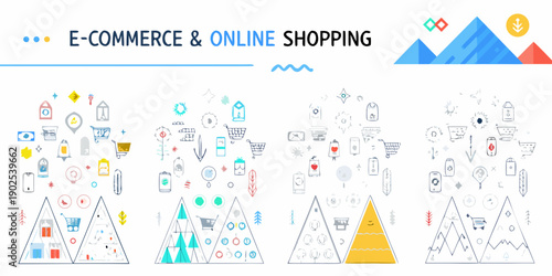 E commerce and online shopping concept with various related icons and designs
