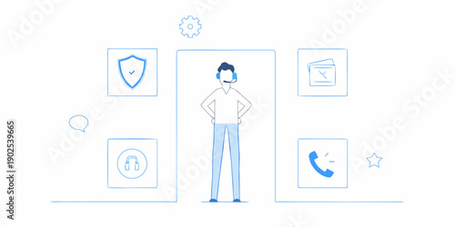 Illustration of a person standing in a doorway surrounded by support icons