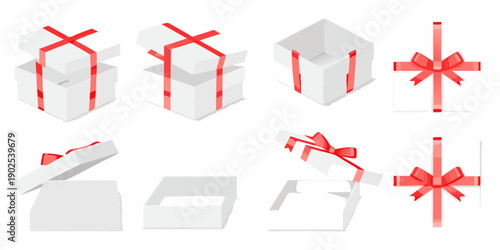 Isometric gift box sequence opening ribbon and various perspectives