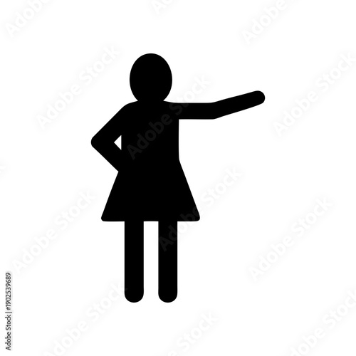 A black silhouette of a woman pointing to the right