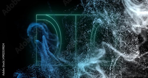 Particle ribbons initiating neon green outline fading, blue white strands forming logo-like reveal