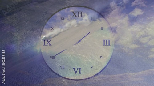 Plane entering top-left keeping clock rotating while duster spraying fields showing time passing