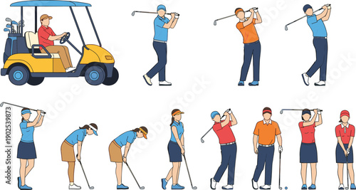 Golf players illustration set, golfer swing poses, golf cart vehicle, sports activity characters, professional golfing action vector collection